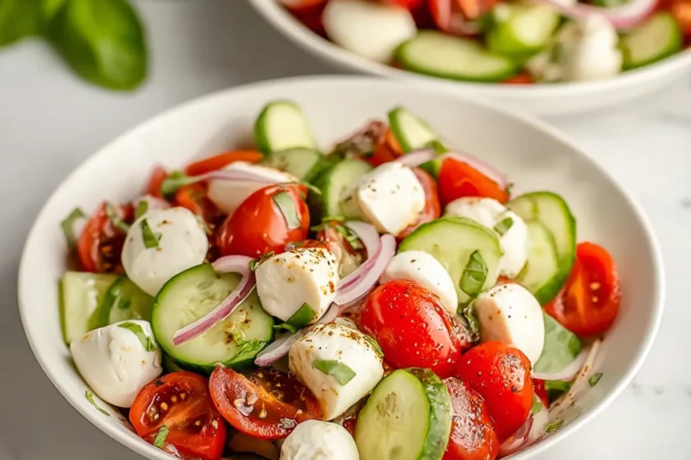 Fresh Cucumber Caprese Salad in a Beautiful Bowl