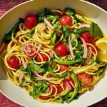 Garlic Scape and Cherry Tomato Pasta on a Plate