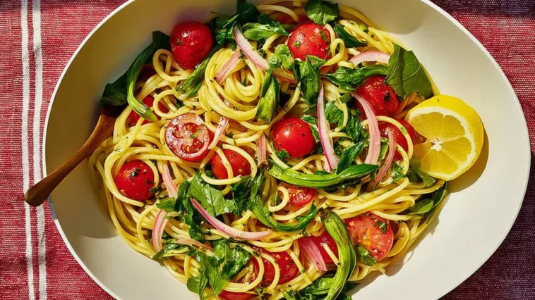 Garlic Scape and Cherry Tomato Pasta on a Plate