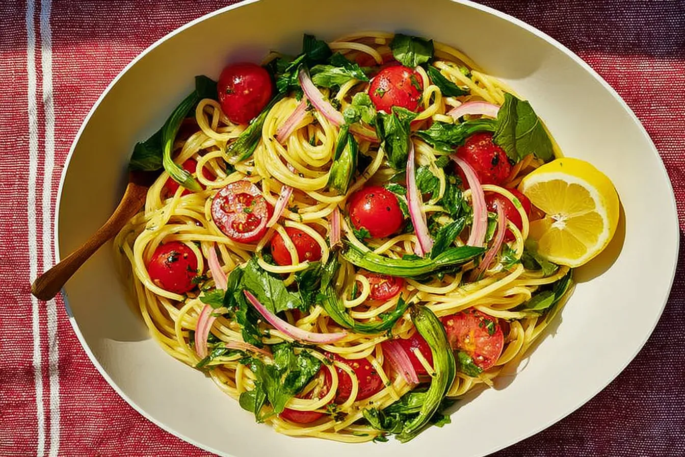 Garlic Scape and Cherry Tomato Pasta: A Deliciously Fresh Dish 3 Garlic Scape and Cherry Tomato Pasta on a Plate