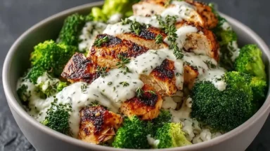 Grilled Chicken Broccoli Bowls with Creamy Garlic Sauce