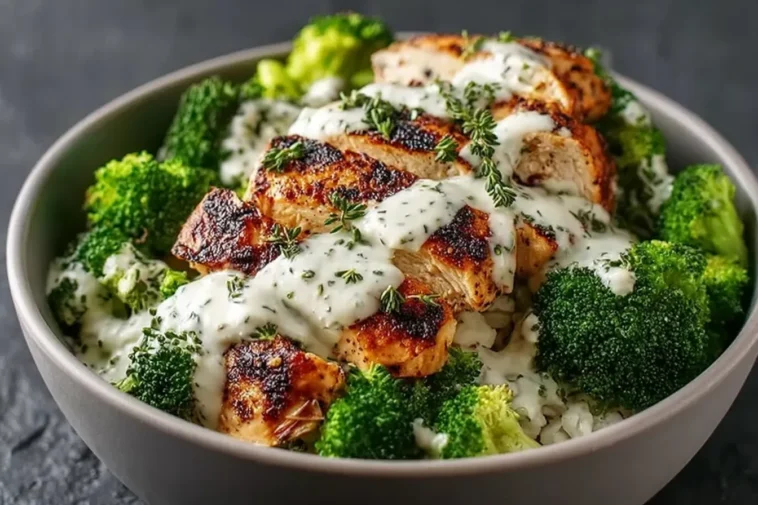 Grilled Chicken Broccoli Bowls with Creamy Garlic Sauce