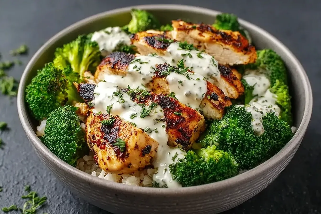 Grilled Chicken Broccoli Bowls with Creamy Garlic Sauce