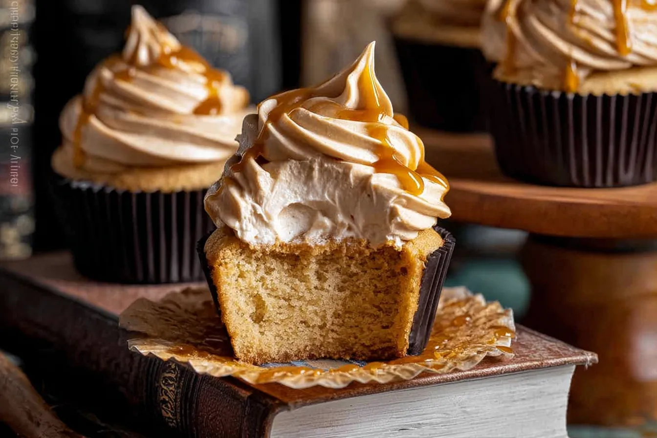 Harry Potter Butterbeer Cupcakes: A Magical Treat for Fans 3 Magical Harry Potter Butterbeer Cupcakes on a Platter
