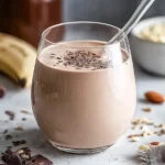 Healthy Chocolate Protein Smoothie in a Glass with Toppings