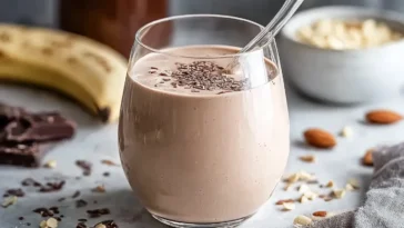 Healthy Chocolate Protein Smoothie in a Glass with Toppings