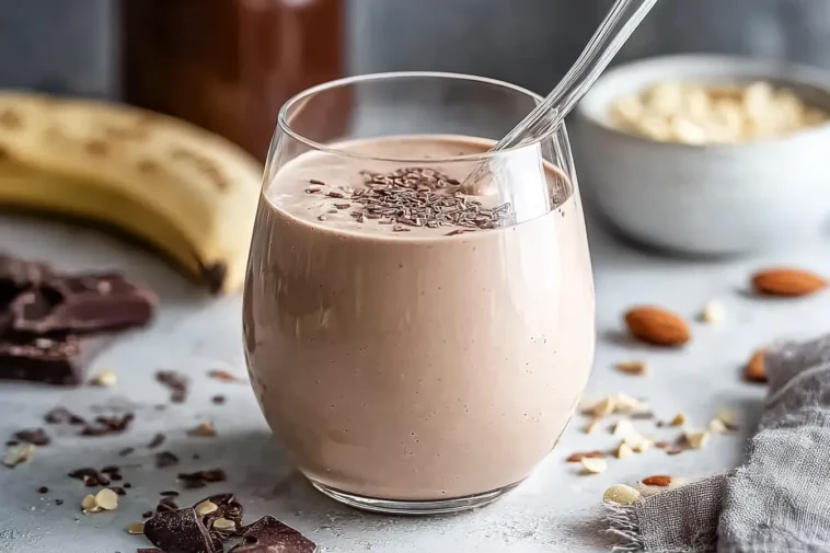 Healthy Chocolate Protein Smoothie in a Glass with Toppings