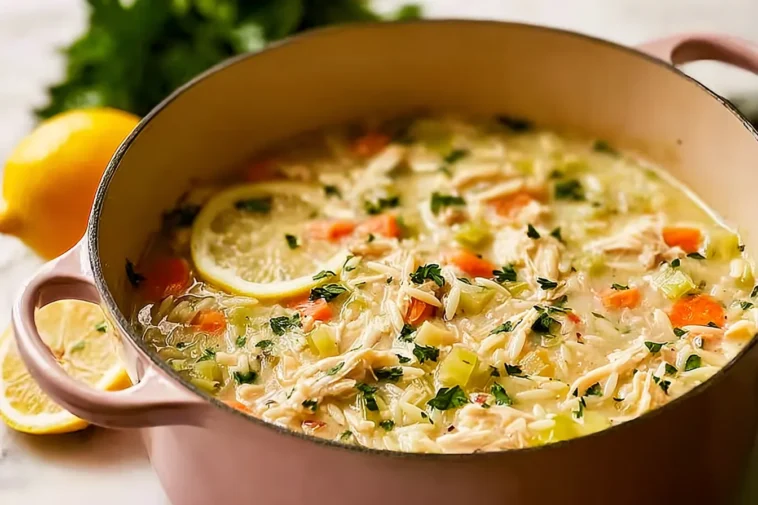 Delicious Hearty Lemon Chicken Orzo Soup in a Bowl