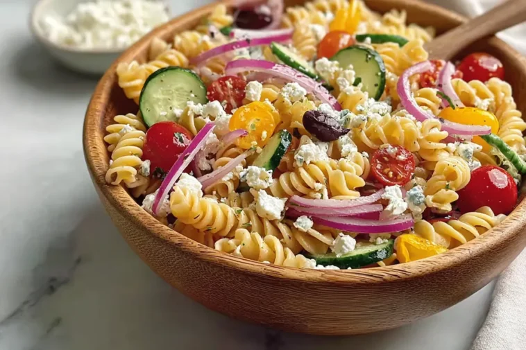 High Protein Greek Pasta Salad - Colorful and Nutritious