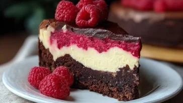 Himbeer-Brownie-Cheesecake Slices on a Plate