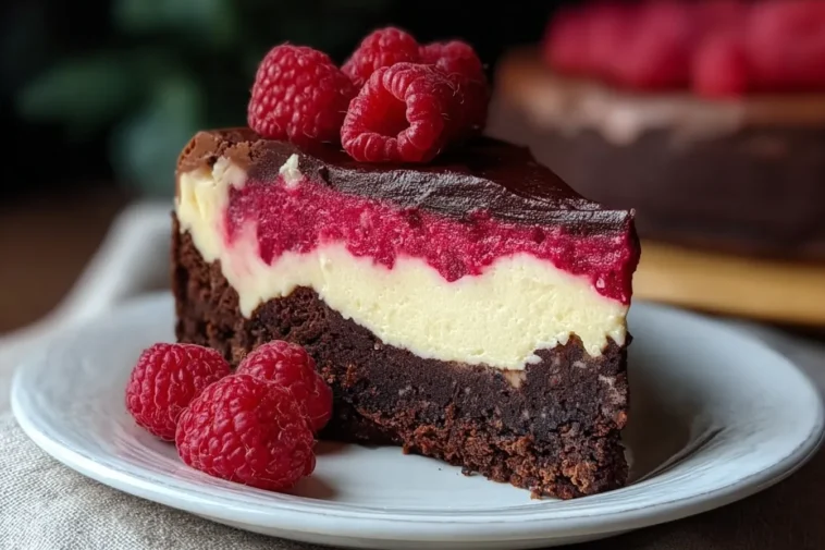 Himbeer-Brownie-Cheesecake Slices on a Plate