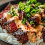 Korean BBQ Steak Rice Bowls with Spicy Cream Sauce