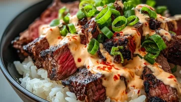 Korean BBQ Steak Rice Bowls with Spicy Cream Sauce