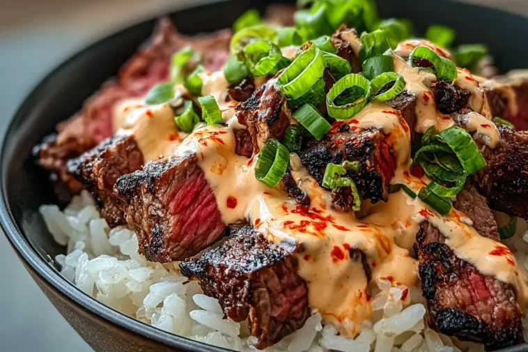 Korean BBQ Steak Rice Bowls with Spicy Cream Sauce