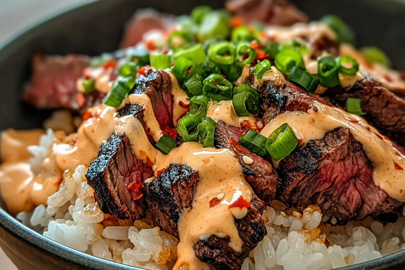 Korean BBQ Steak Rice Bowls with Spicy Cream Sauce 