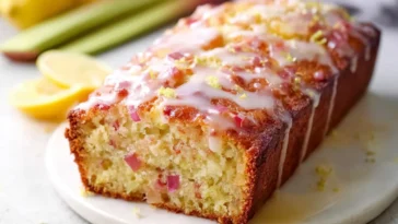 Lemon Rhubarb Loaf with Glaze Freshly Baked