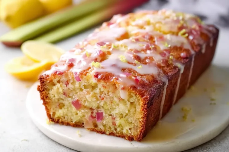 Lemon Rhubarb Loaf with Glaze Freshly Baked