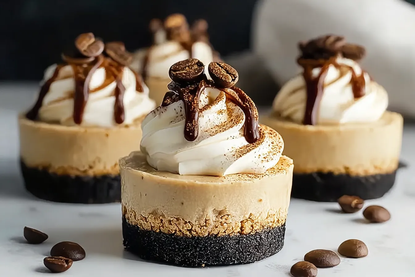 Mini Coffee Cheesecakes: A Delightful Dessert You'll Love 3 Mini Coffee Cheesecakes on a Rustic Table