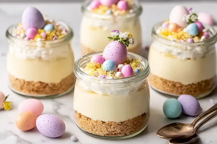 Mini Easter Cheesecake Jars - A Cute, No-Bake Spring Dessert 3 Mini Easter Cheesecake Jar with Whipped Cream Topping