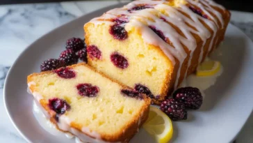 Delicious Mulberry Lemon Ricotta Cake Slices on a Plate