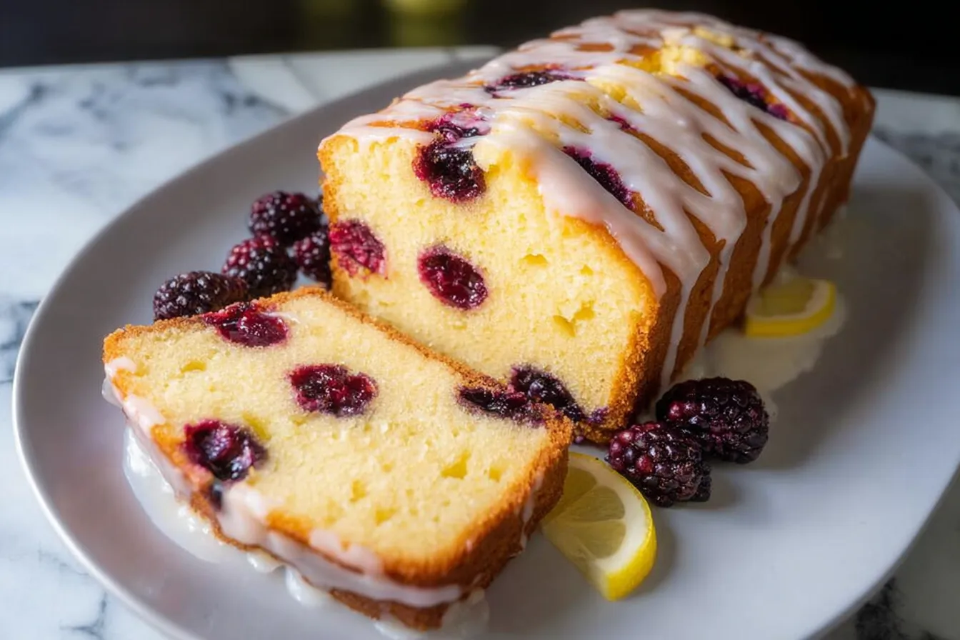 Delicious Mulberry Lemon Ricotta Cake Slices on a Plate