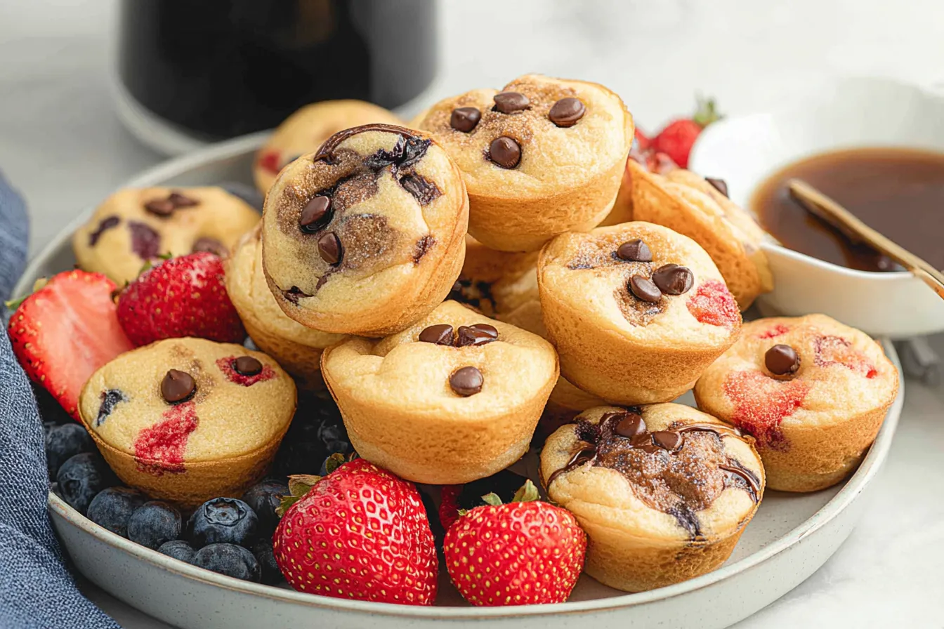 Pancake Mini Muffins: Delightful and Easy Breakfast Bites! 3 Pancake Mini Muffins on a Plate - Delicious Breakfast Idea