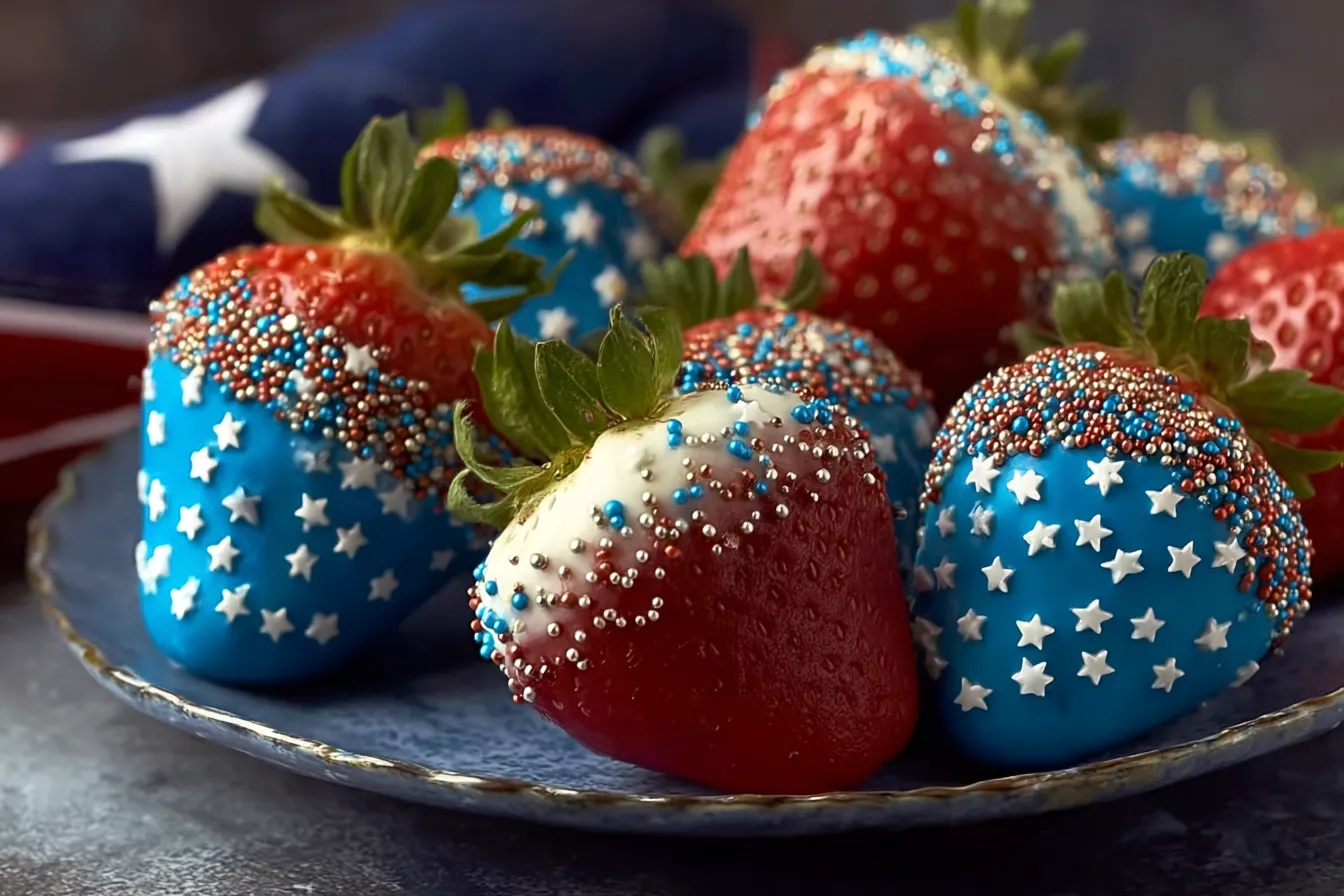 Patriotic 4th of July Chocolate Covered Strawberries Delight 3 Patriotic 4th of July Chocolate Covered Strawberries Display