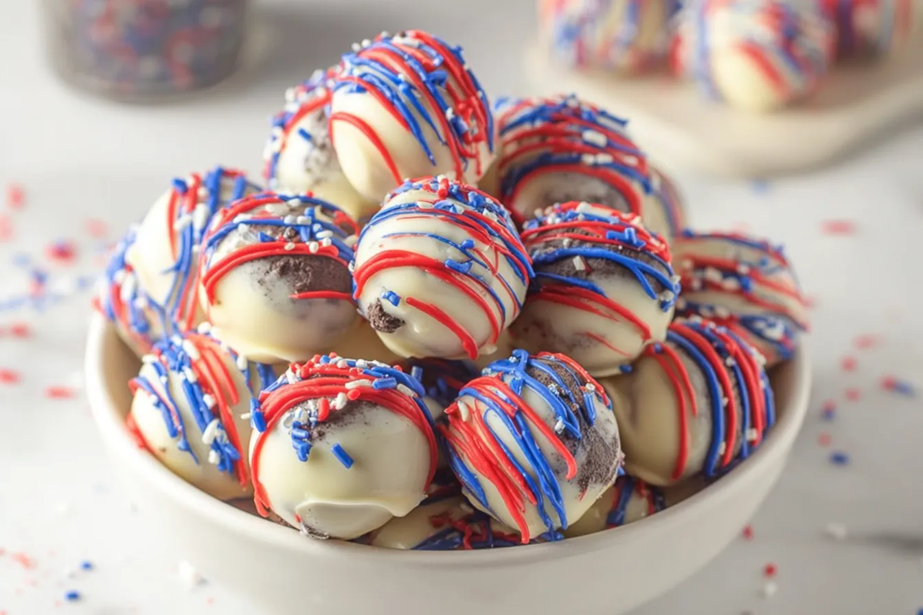 Patriotic Oreo Balls: Celebrate with Sweet American Treats 3 Patriotic Oreo Balls Decorated for Celebration