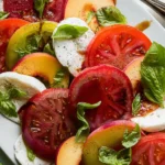 Peach and Tomato Caprese Salad on a Rustic Table