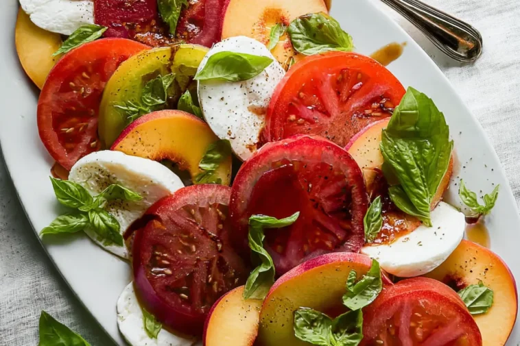 Peach and Tomato Caprese Salad on a Rustic Table