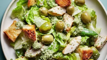 Pesto Caesar Salad with Castelvetrano Olives - Deliciously Fresh