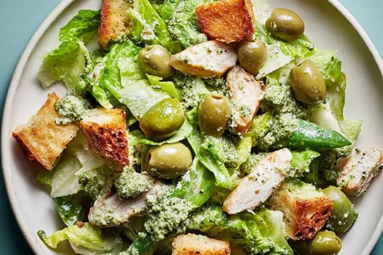 Pesto Caesar Salad with Castelvetrano Olives - Deliciously Fresh
