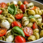 Pesto Caprese Pasta Salad in a Bowl with Fresh Basil