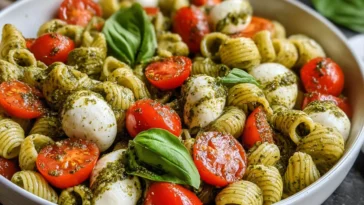 Pesto Caprese Pasta Salad in a Bowl with Fresh Basil