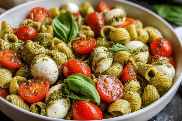 Pesto Caprese Pasta Salad in a Bowl with Fresh Basil