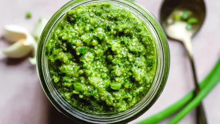 Quick & Fresh Garlic Scape Pesto in a Bowl with Herbs