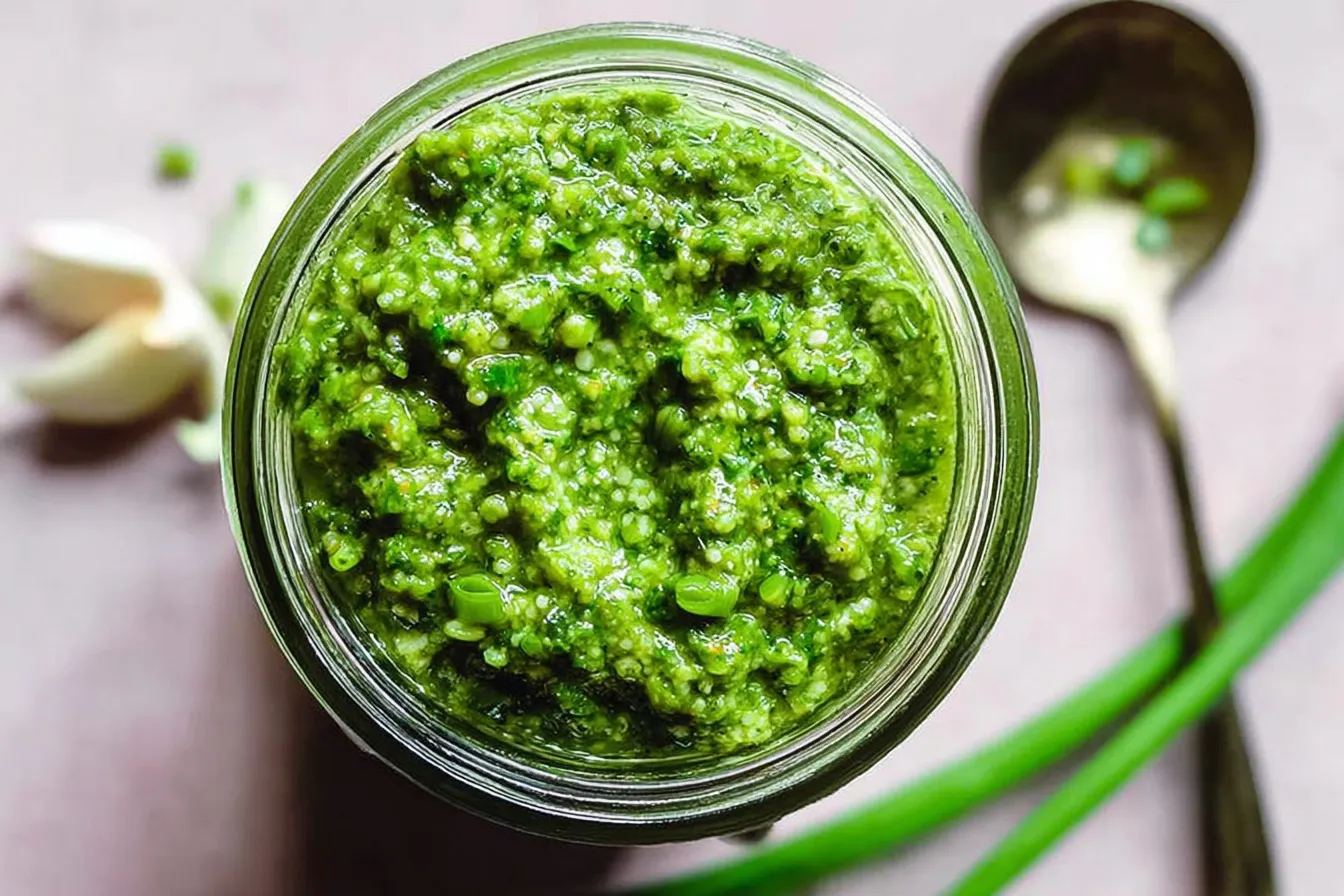 Quick & Fresh Garlic Scape Pesto: A Flavorful Delight 3 Quick & Fresh Garlic Scape Pesto in a Bowl with Herbs