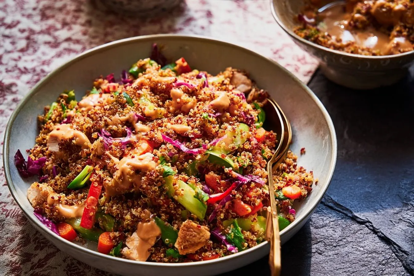 Quinoa Salad with Peanut Dressing: A Flavorful Delight 3 Vibrant Quinoa Salad with Peanut Dressing on a Plate
