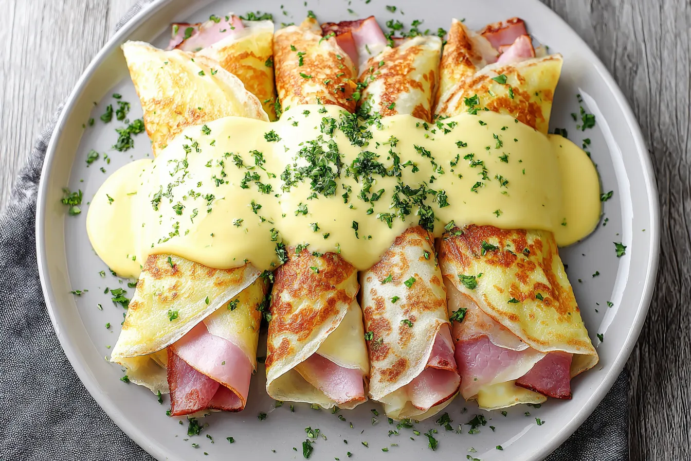 Savory Breakfast Crepes Plated with Fresh Herbs