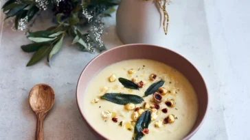 Silky Cauliflower and Leek Soup with Crispy Sage and Hazelnuts