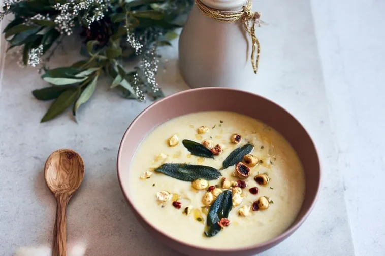 Silky Cauliflower and Leek Soup with Crispy Sage and Hazelnuts