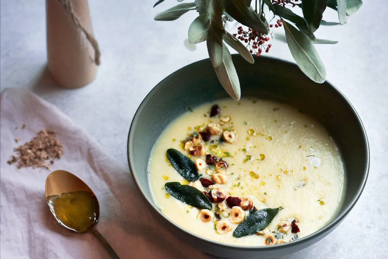 Silky Cauliflower and Leek Soup with Crispy Sage and Roasted Hazelnuts