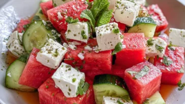 Vibrant SIMPLE Watermelon + Cucumber + Feta Salad in Bowl