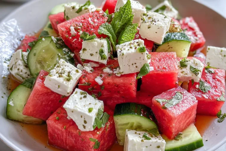 SIMPLE Watermelon + Cucumber + Feta Salad for Summer Joy 3 Vibrant SIMPLE Watermelon + Cucumber + Feta Salad in Bowl