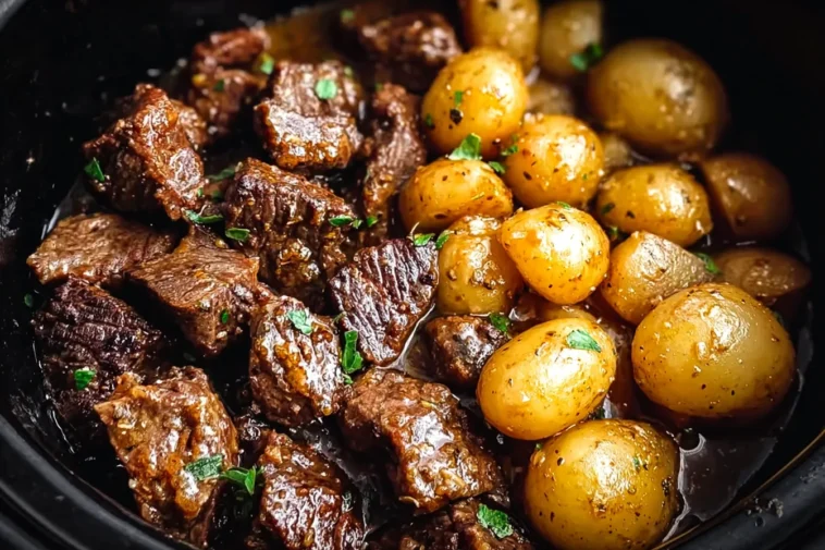 Slow Cooker Garlic Butter Beef Bites with Potatoes