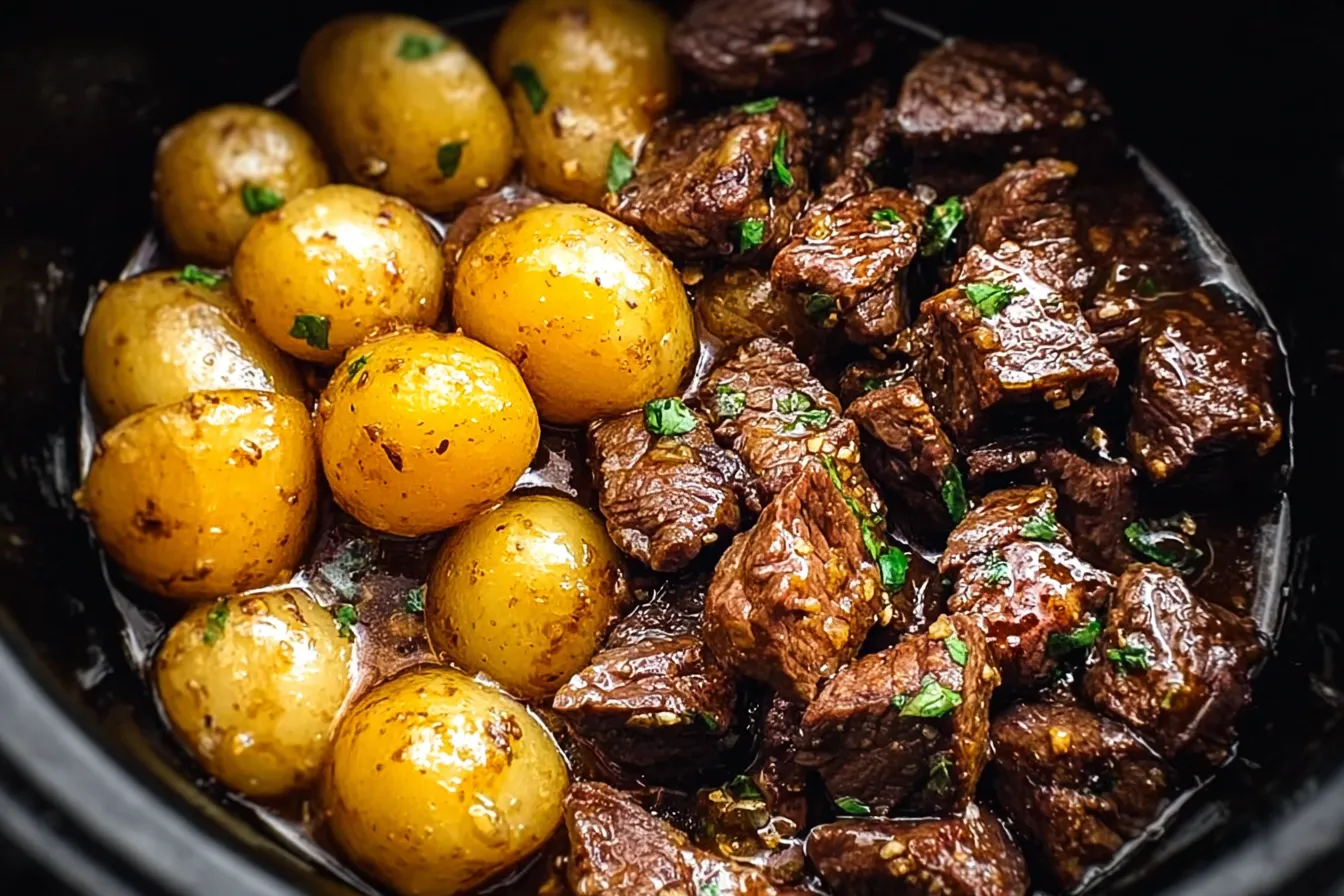 Slow Cooker Garlic Butter Beef Bites with Potatoes