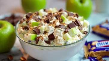 Irresistible Snickers Salad Served in Glass Bowl