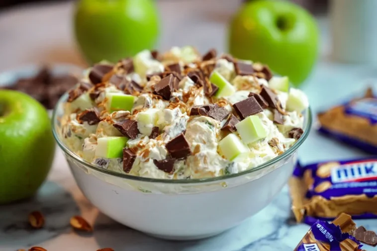 Irresistible Snickers Salad Served in Glass Bowl