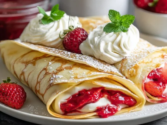 Delicious Strawberry and Cream Cheese Crepes on a Plate