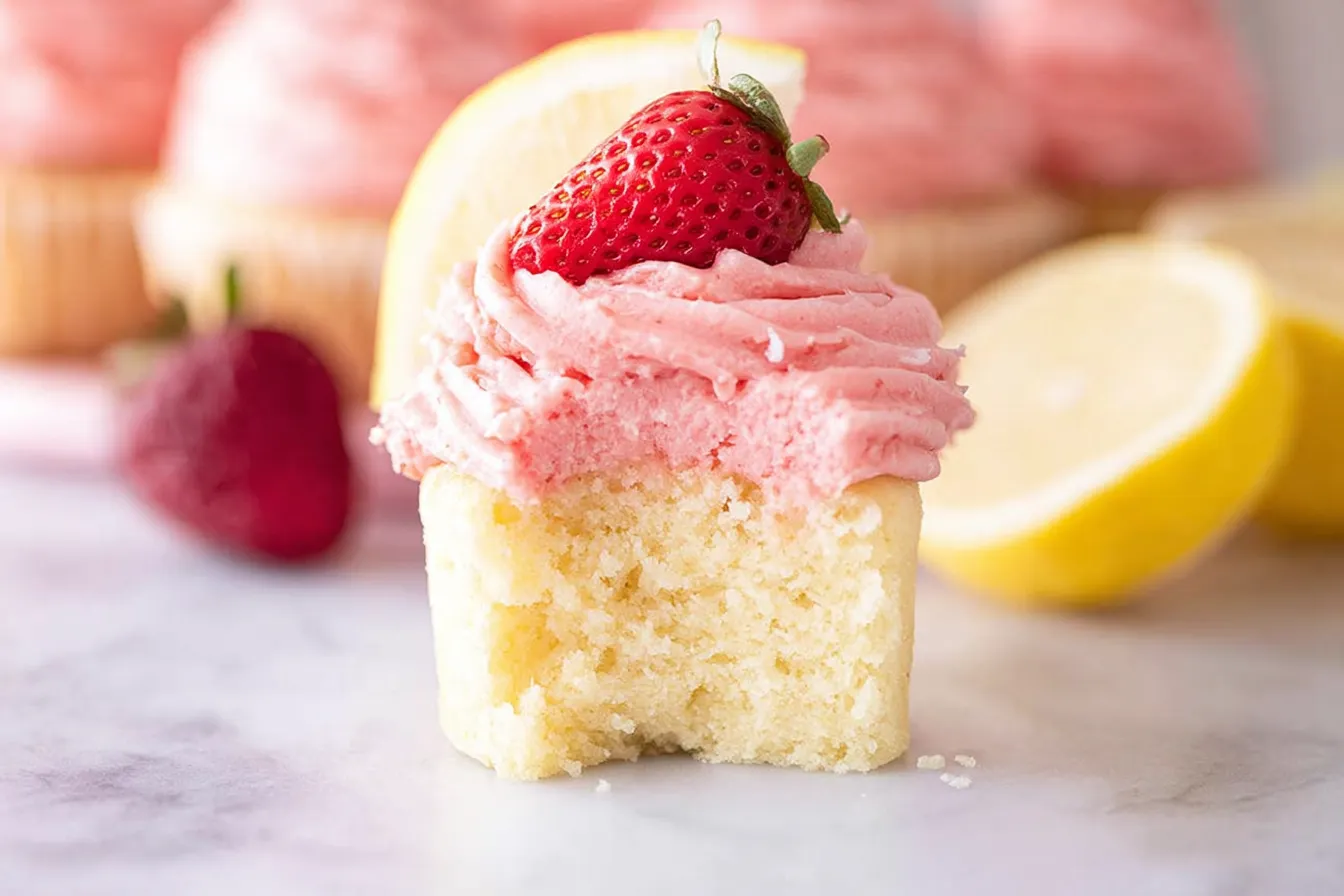 Strawberry Lemonade Cupcakes on a colorful plate